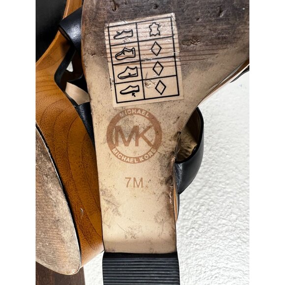 Michael Kors Josephine Sandal Womens 7M Black Platform Wedge Leather Wood Peep T - Picture 2 of 11